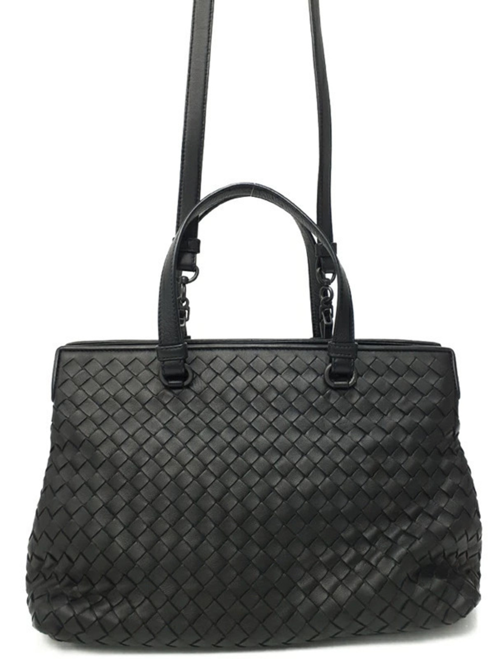 Bottega Veneta black woven Intrecciato nappa leather accordion tote bag